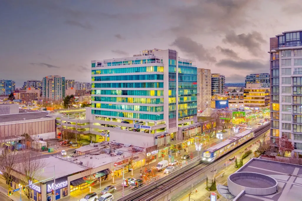Three West Centre at night, No. 3 Road Richmond BC